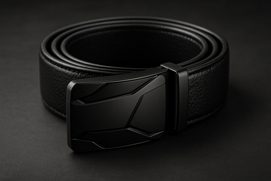 A premium men's black leather belt with a modern matte black automatic buckle, futuristic design, detailed texture, and smooth edges. The belt is coiled neatly on a stylish background with soft lighting and a realistic shadow. The buckle has a metallic matte finish and sleek geometric cuts, giving a bold, masculine look. Ultra-realistic product photography, 4K resolution, high detail, studio lighting, professional product photo, focus on the buckle and texture.