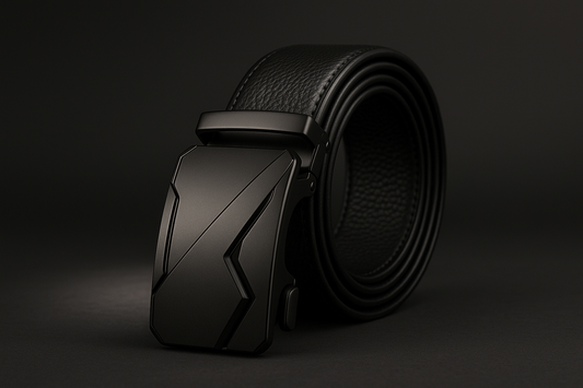 A premium men's black leather belt with a modern matte black automatic buckle, futuristic design, detailed texture, and smooth edges. The belt is coiled neatly on a stylish background with soft lighting and a realistic shadow. The buckle has a metallic matte finish and sleek geometric cuts, giving a bold, masculine look. Ultra-realistic product photography, 4K resolution, high detail, studio lighting, professional product photo, focus on the buckle and texture.