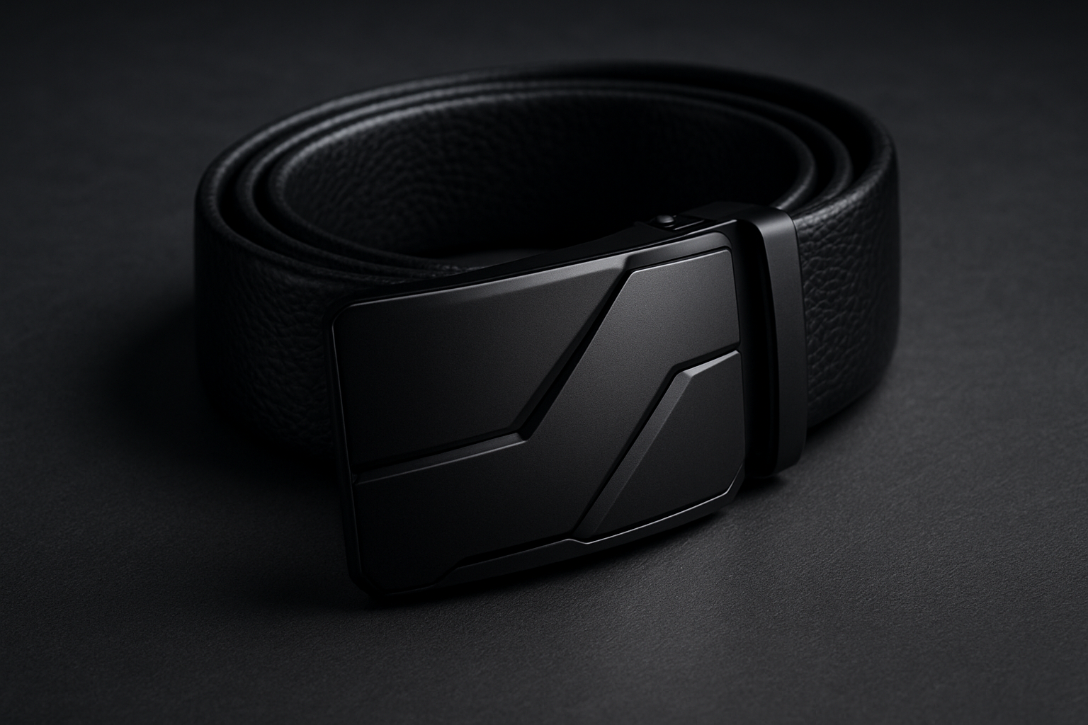 A premium men's black leather belt with a modern matte black automatic buckle, futuristic design, detailed texture, and smooth edges. The belt is coiled neatly on a stylish background with soft lighting and a realistic shadow. The buckle has a metallic matte finish and sleek geometric cuts, giving a bold, masculine look. Ultra-realistic product photography, 4K resolution, high detail, studio lighting, professional product photo, focus on the buckle and texture.